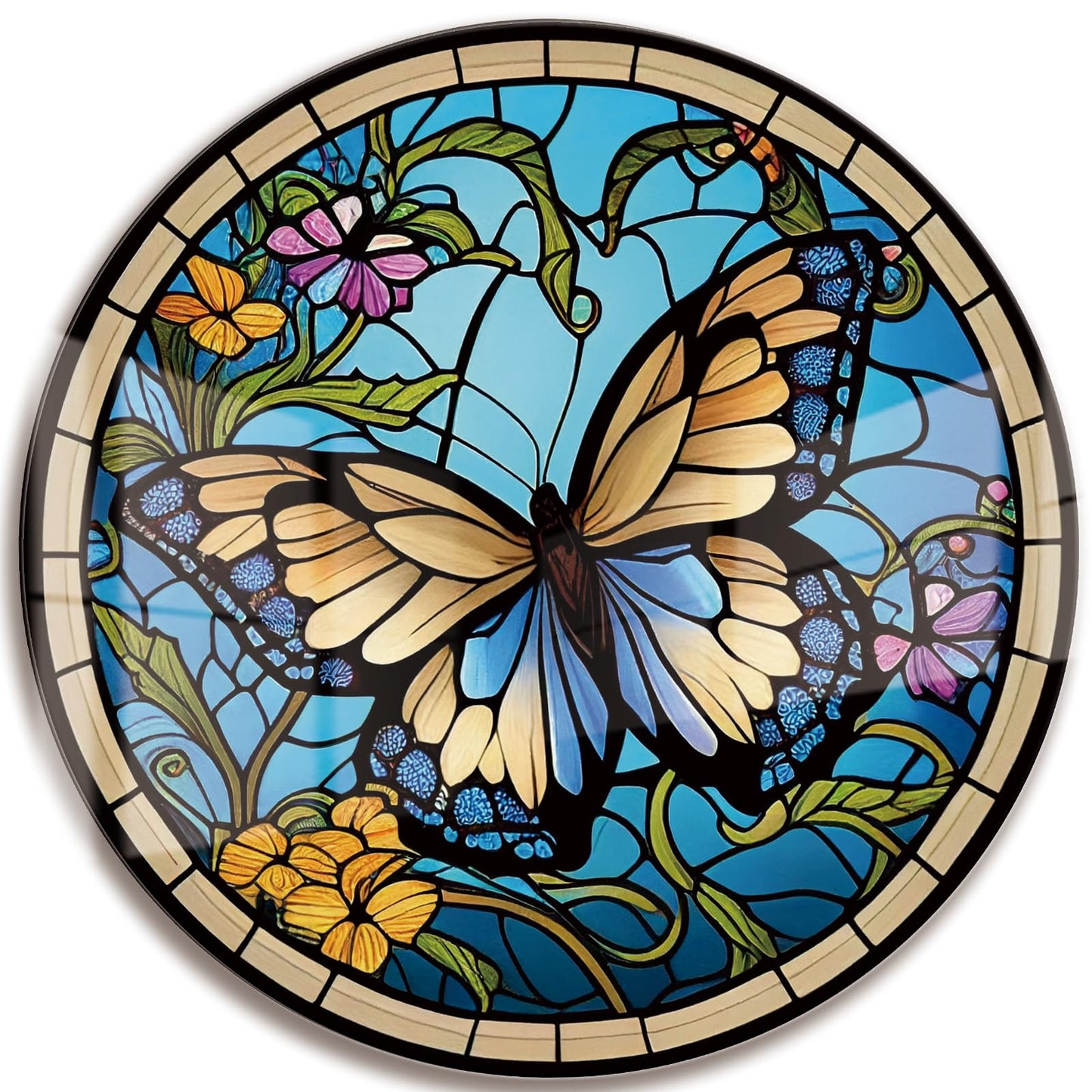 LMSDYSHU Butterflies and Mosaic,Tempered Glass Wall Art,unframed，Easy to clean,18"（45.72cm） Diameter (blue)