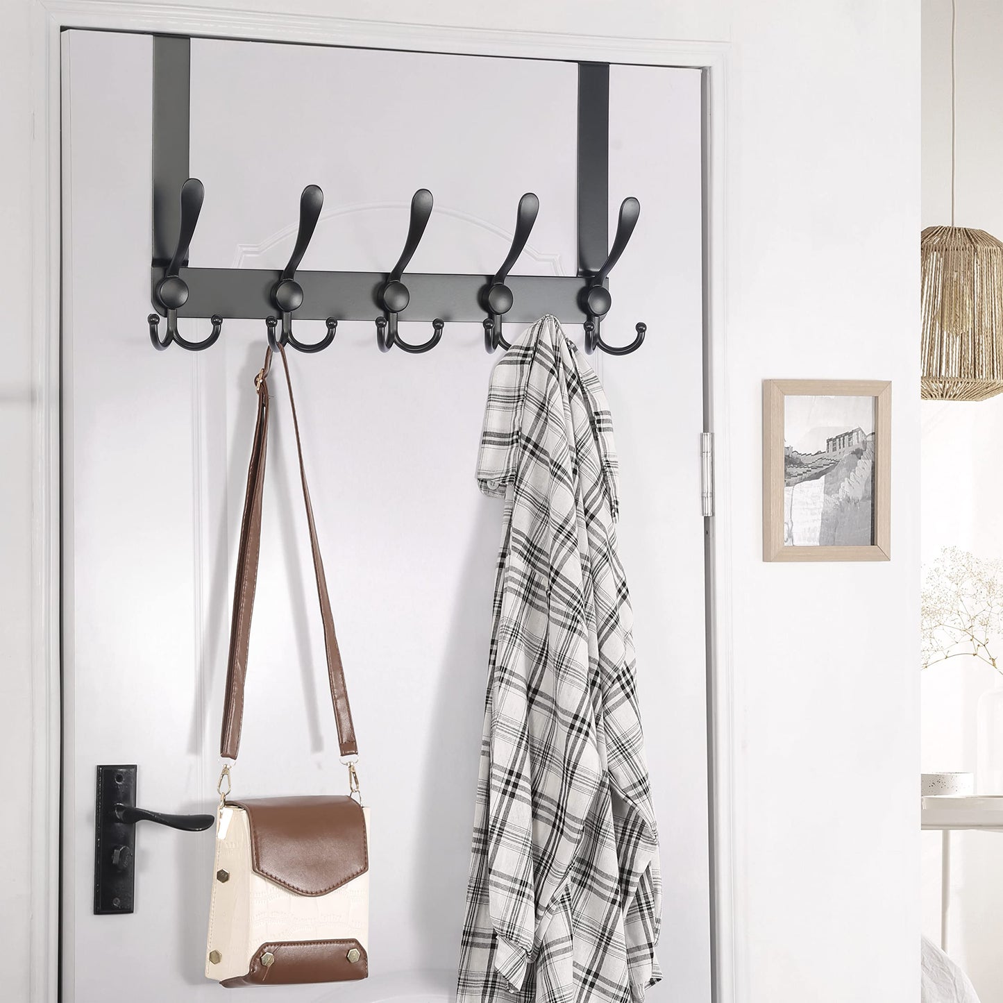 Dseap Over The Door Hook Hanger - Fits 1 3/8" to 1 3/4" Standard Doors | 5 Tri Hooks Heavy Duty Towel/Coat Rack | Door Organizer for Clothes, Jackets, Hats, Towels, Black