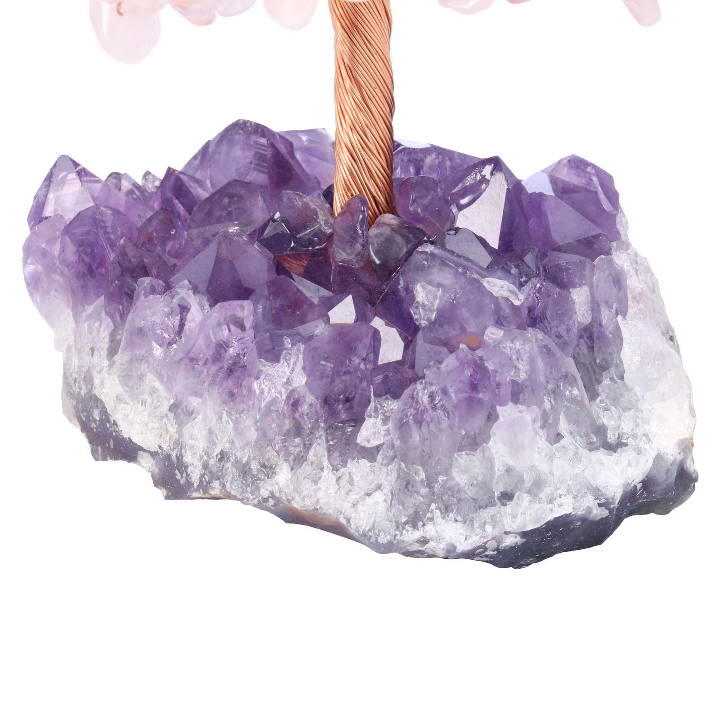Jovivi Natural Rose Quartz Healing Crystal Money Tree on Amethyst Cluster Geode Druzy Base Feng Shui Crystals for Home Office Desk Decorations, Wealth, Good Luck