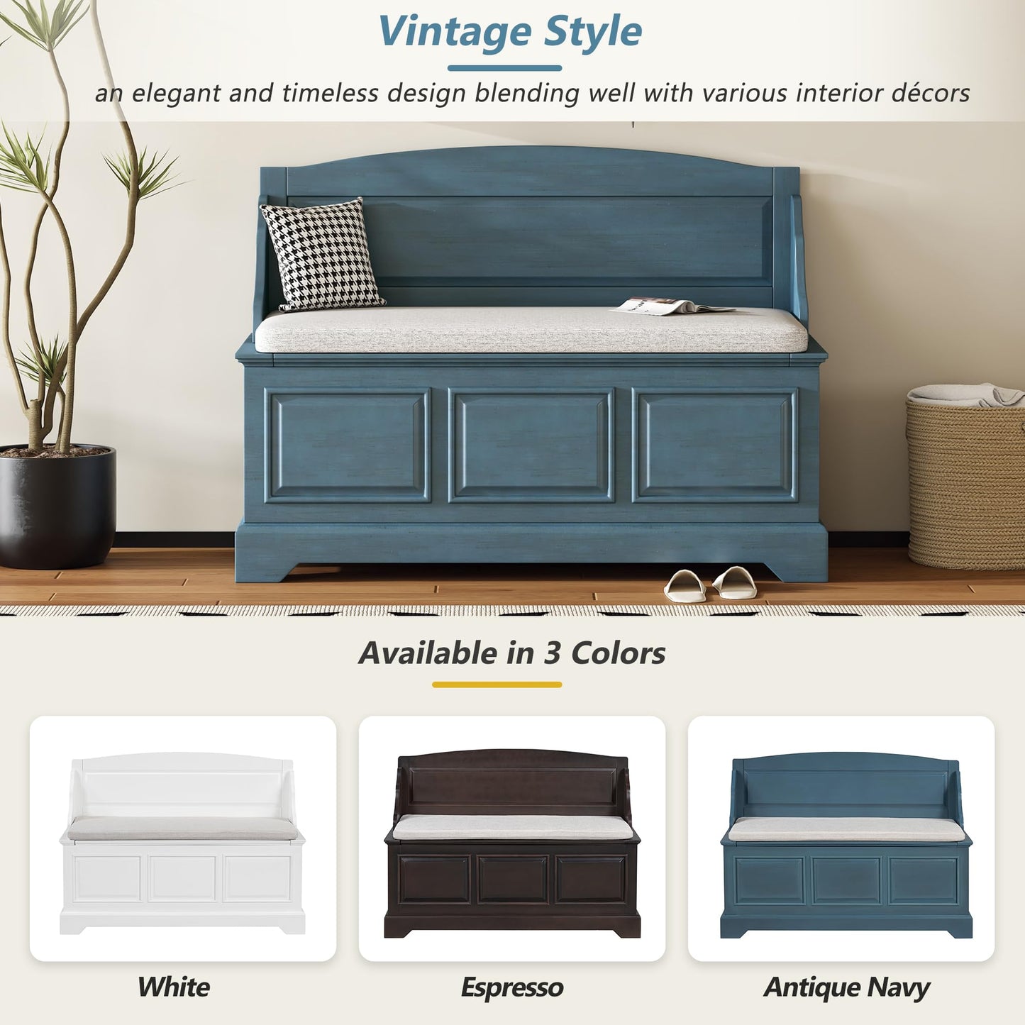 P PURLOVE Farmhouse Storage Bench,Wood Entryway Storage Bench Shoe Bench with Removable Cushion for Living Room,Entryway,Hallway