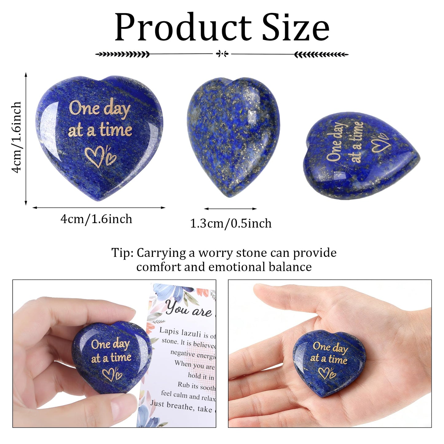 QINJIEJIE One Day at A Time Lapis Lazuli Heart Stones Crystals Thumb Worry Stone Thinking of You Gifts for Anxiety Relief Items You Got This Inspirational for Friend Sobriety Gifts for Men