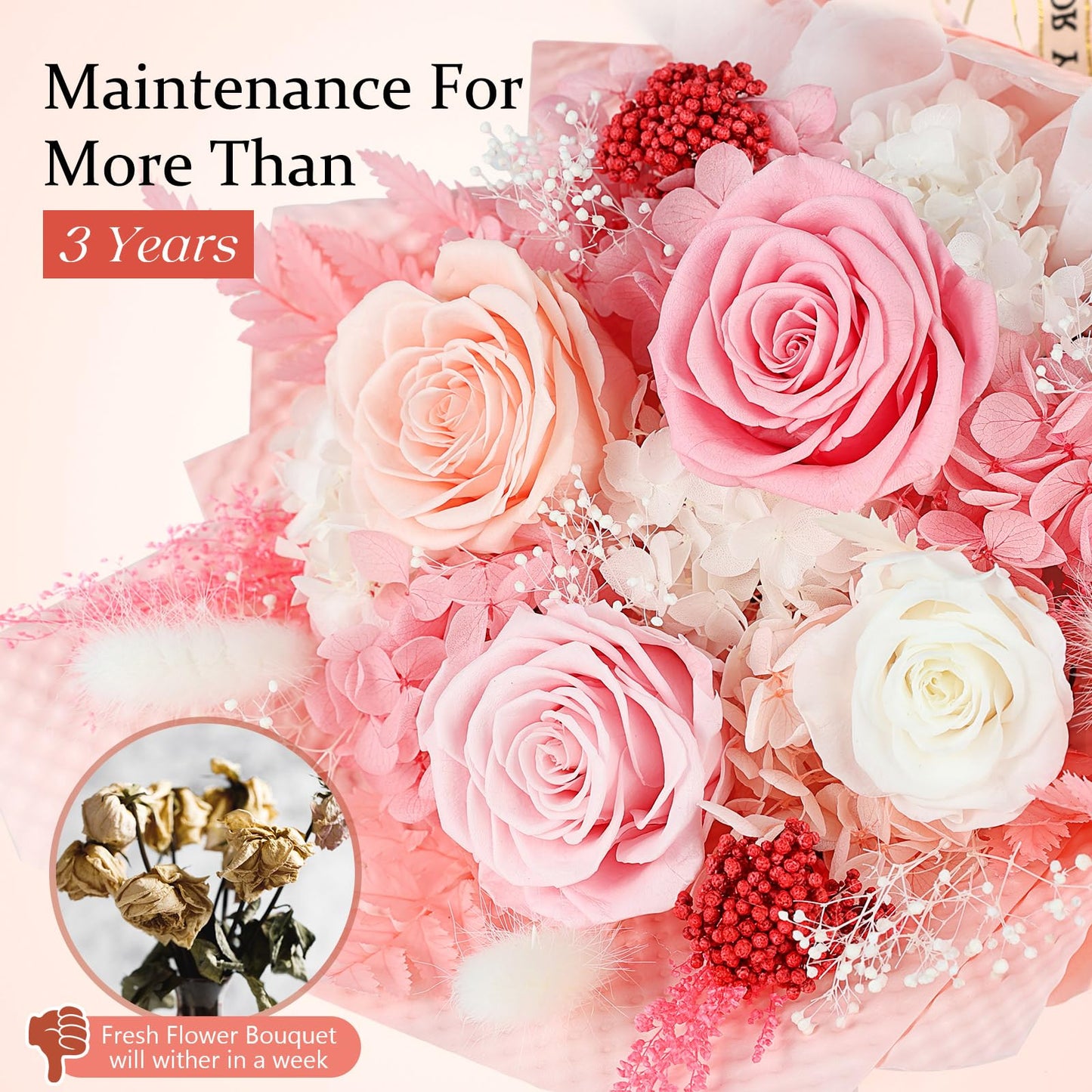 Preserved Flowers Bouquet 4 Roses - Pink Roses & Flowers for Delivery, Long-Lasting Real Roses Forever, Mothers Day Gifts for Mom Grandma Wife, Anniversary Birthday Gifts for Women