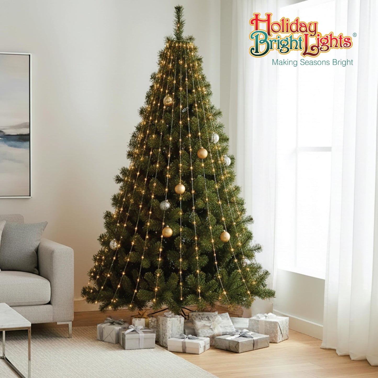 Holiday Bright Lights 8FT Cascade Tree Light with 832 LED Bulbs, Warm White Steady Glow on Green Wire, 16 Strands for Outdoor Decor