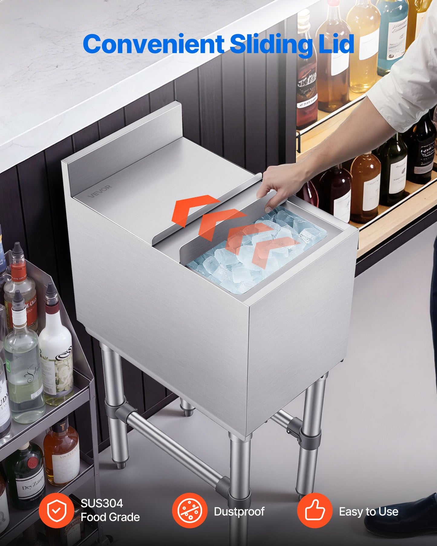 VEVOR Commercial Ice Bin, 29.6 Qt Max Capacity, 12 x 19 x 33 Inch Stainless Steel Ice Chest with Sliding Lid and Bottle Holders, Cooler Cart Cocktail Unit for Bar Restaurant Pub, NSF Certified