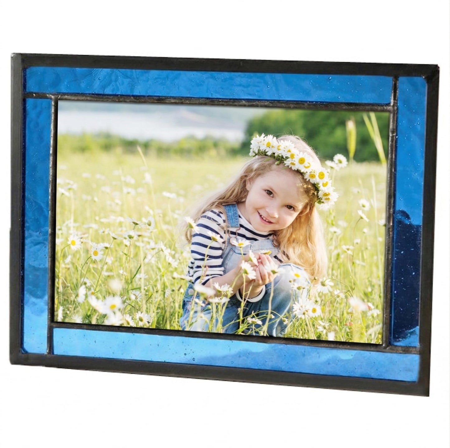 Blue Picture Frame Stained Glass Easel Back 4x6 Photo Display Horizontal Vertical Home Decor Graduation Gift for Women or Men Family Vacation Pic 324-46HV