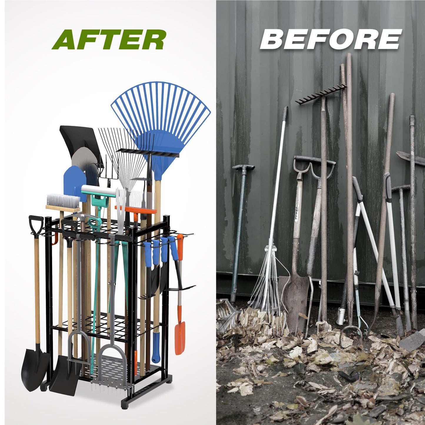 Sttoraboks Garden Tool Organizer Rack Up to 50 Tools, Heavy-Duty Steel Yard Tool Organizer for Garage Storage with 11 Hooks, Broom Holder & Garden Tool Rack for Shed, Patio, Outdoor Use, Black