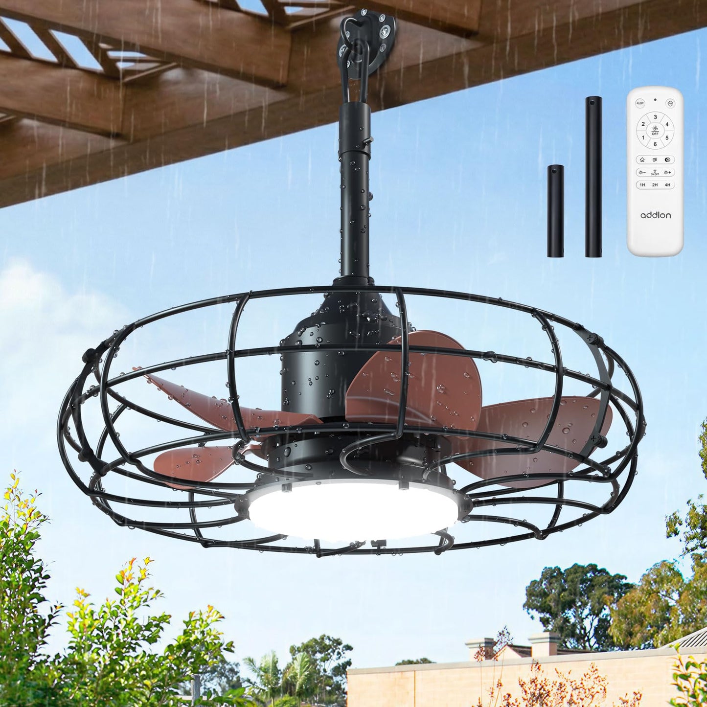 addlon 20 Inch Outdoor Ceiling Fan with Light for Patio, IP65 Waterproof Plug in Caged Hanging Fan, Remote Control, 3 CCT, 6 Speeds Reversible Outdoor Fan for Gazebo, Pergola, Porch