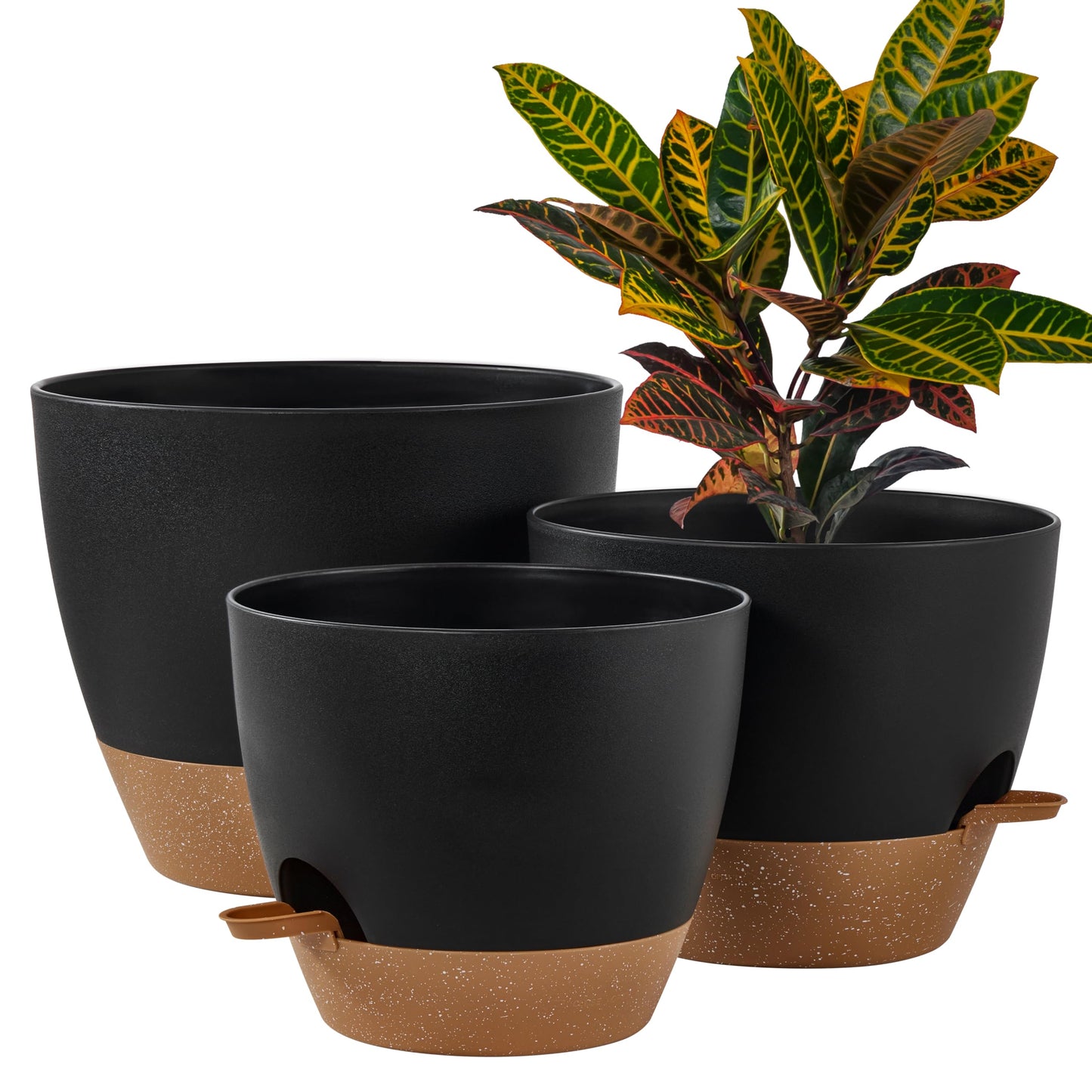 FaithLand 3-Pack Large Planter Pots, 12 10 9 Inch Self Watering Flower Pots for Indoor Outdoor Garden Plants, Black with Brown