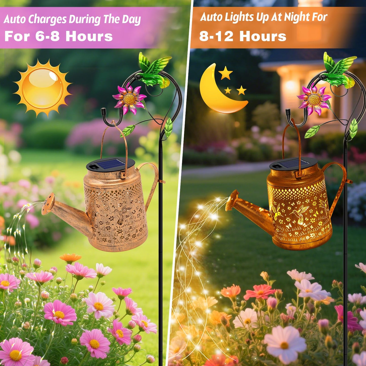 VOOKRY Solar Lights Outdoor Waterproof, Hummingbird Retro Metal Solar Watering Can Lights, Gifts for Women Mom Grandma Mother's Day, Hanging Lantern Decorative Garden Decor for Outside Yard Lawn Patio