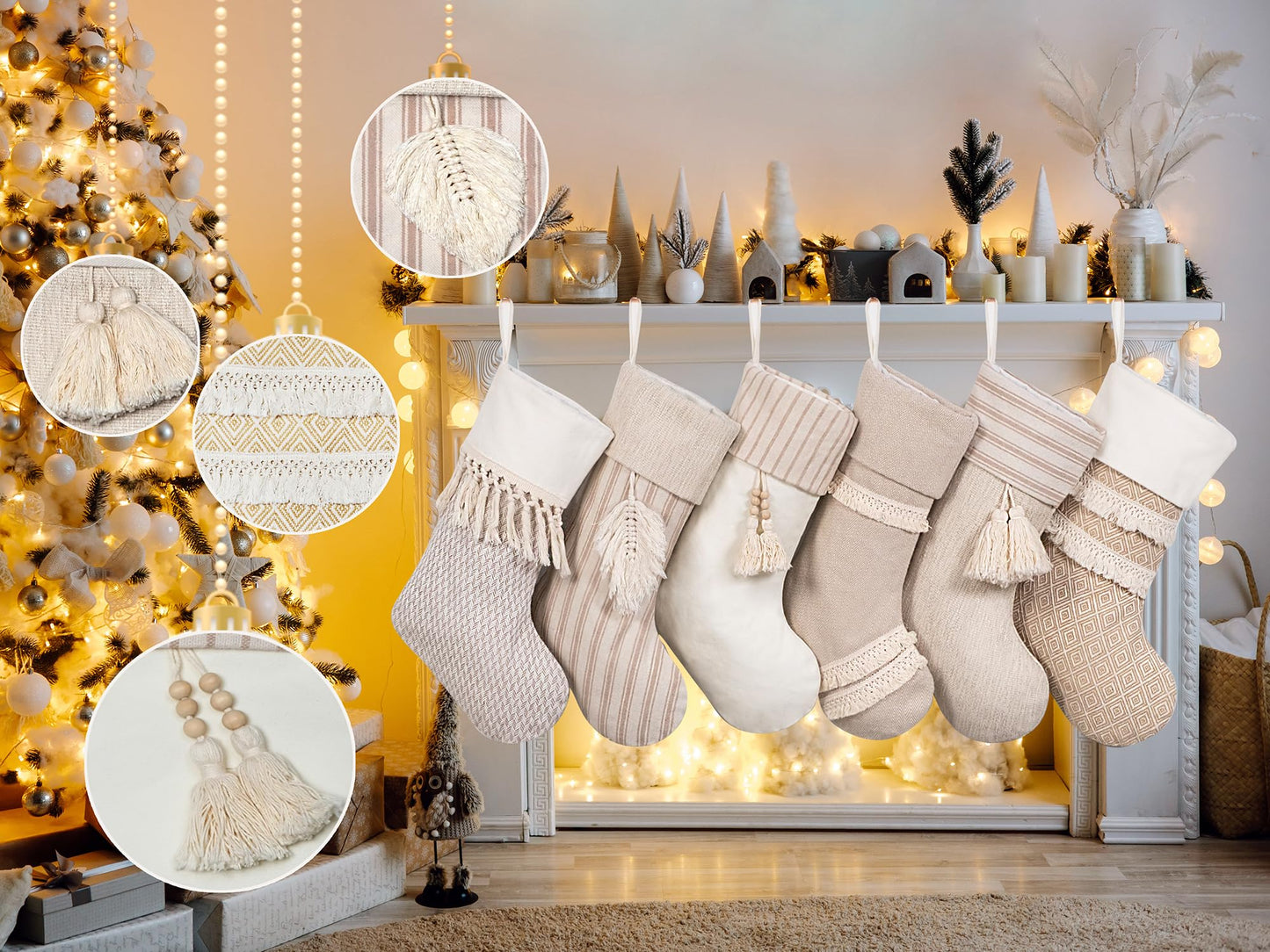 GEX Christmas Stockings 5 Pack for Family 20" Large Rustic Farmhouse Country Xmas Stockings with Tassels Hanging Ornament Decorations for Fireplace Xmas Season (Beige, Set of 5)