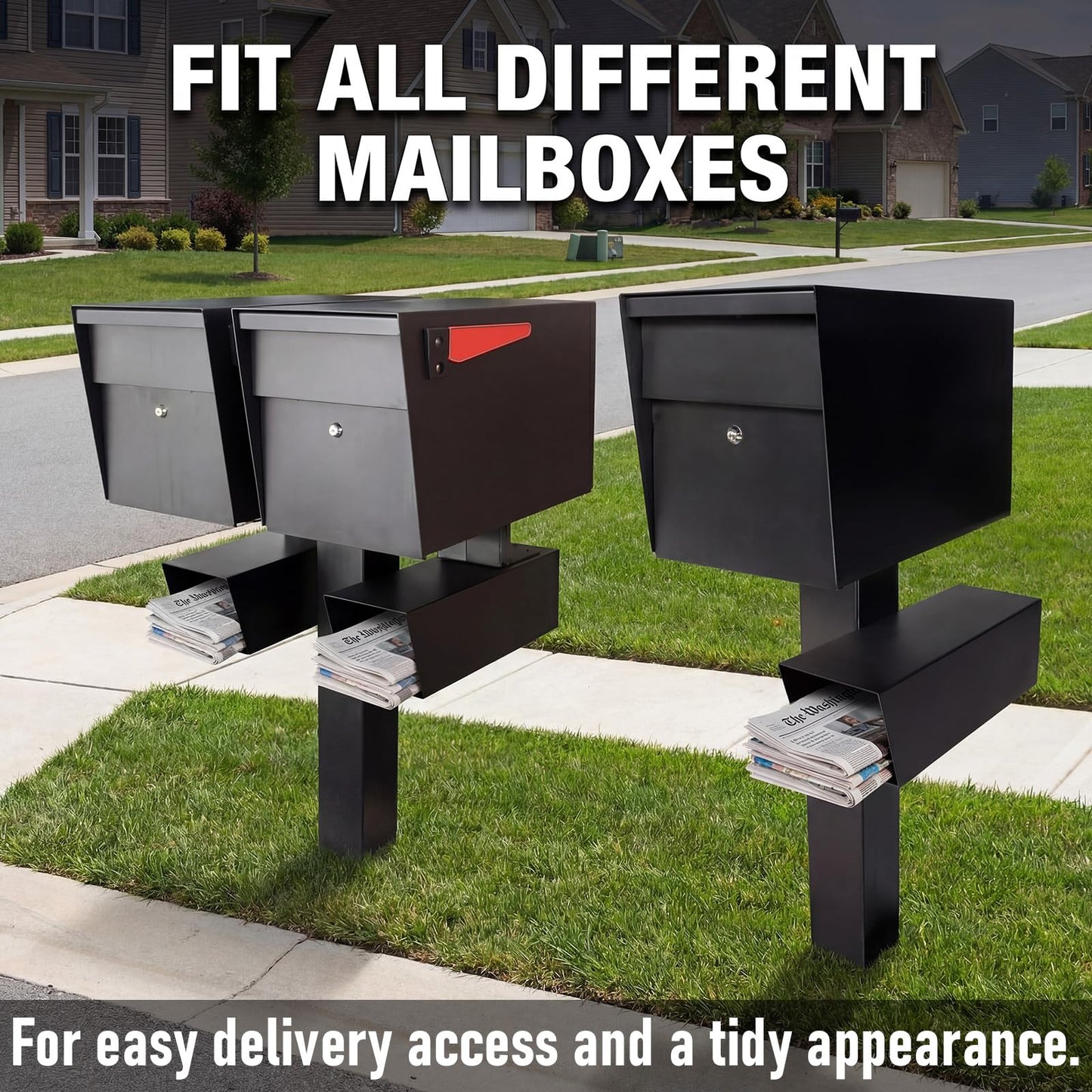 Zonon Newspaper Holder Black Medium Newspaper Box Weatherproof Heavy Duty Mailbox Accessory with Adjustable Bracket Rustproof Metal Outdoor Magazine Delivery Box for Post Mounted Mailbox