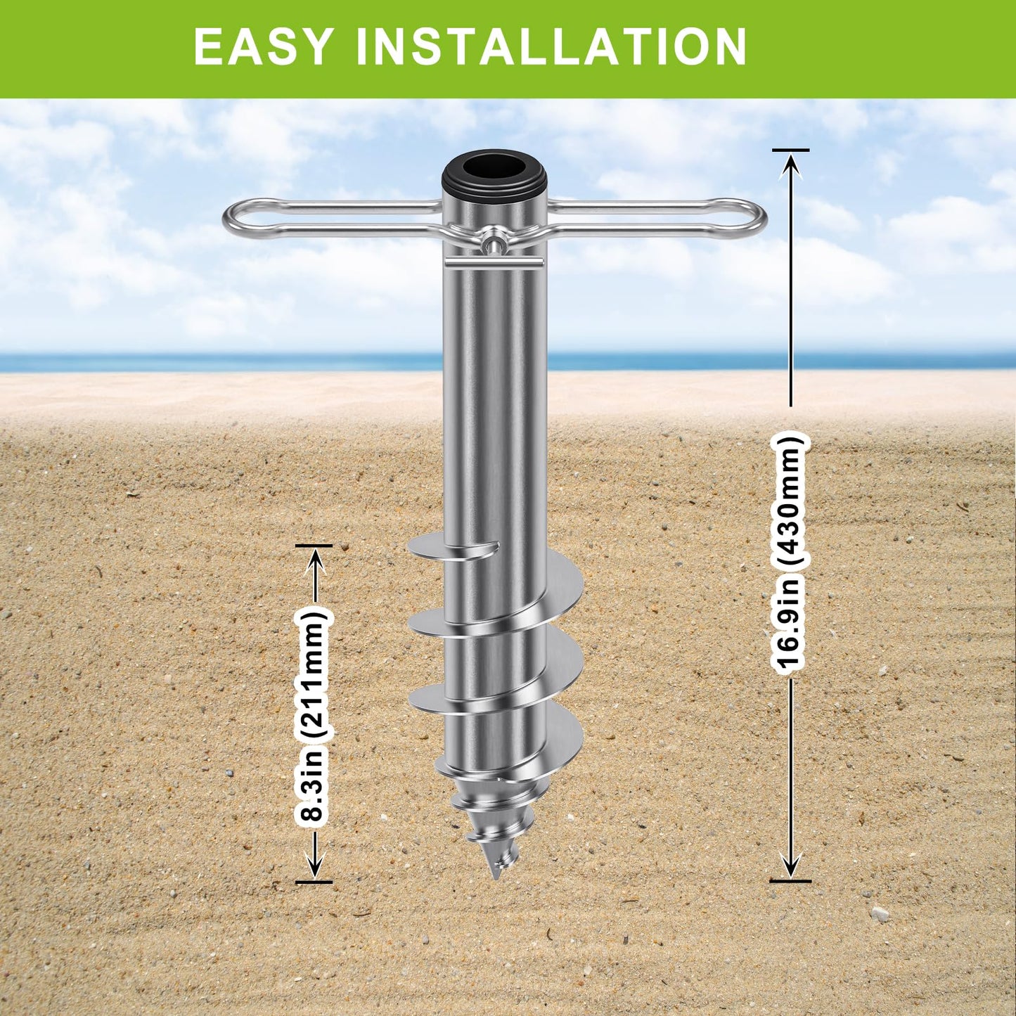 Dolibest Beach Umbrella Sand Anchor, Heavy-Duty Steel Beach Umbrella Holder with 3 Sleeves (Fits 1-2" Poles), Windproof Beach Umbrella Stake, Fully Welded Spiral Base Design for Ultimate Stability