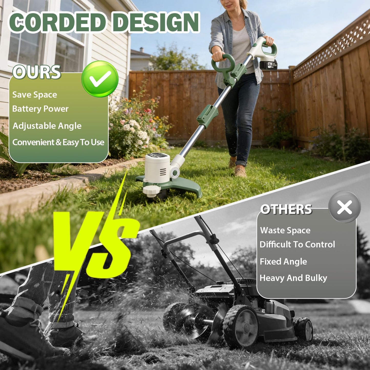 21V 3-in-1 Cordless Weed Eater-Weeding/Trimming/Lawn Mower, with 8 Replace Auto Line Feed, Electric Grass Trimmer for Garden, Lawn, 120 Mins of Non-Stop (2 * 4.0 mAh Battery & Charger Included)