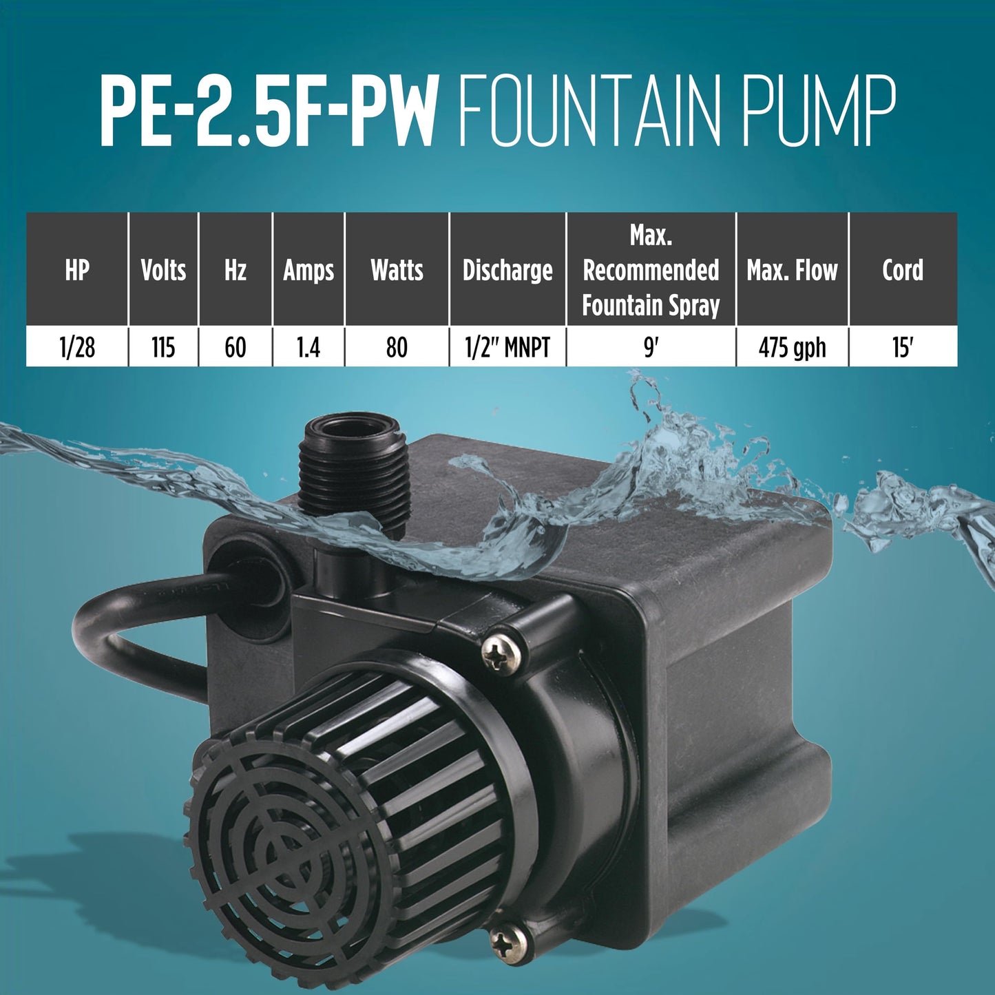 Little Giant PE-2.5F-PW 115 Volt, 1/28 HP, 475 GPH Submersible Direct Drive Pump for Small Ponds or Fountain with 15-Ft. Cord, Black, 566612