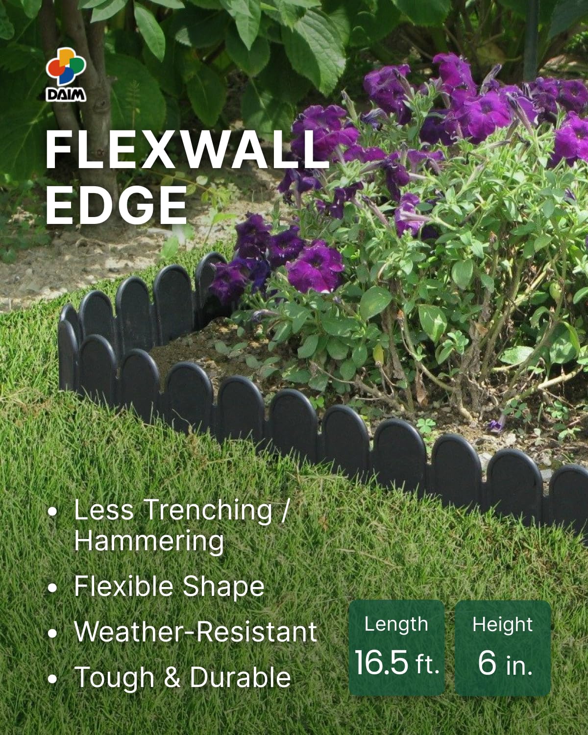 DAIM FlexWall Edge Landscape Edging, Fancy Garden Edging for Landscaping, Sturdy Garden Fencing & Landscape Border that Retain Soil & Stop Weeds, for Landscaping & Fencing Project, Black, 6" x 16.5 ft
