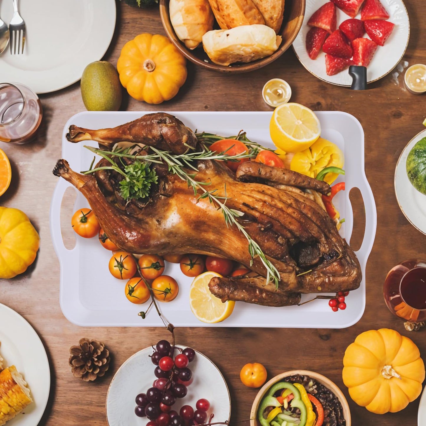Set of 2 Large White Melamine Serving Tray with Handles, Rectangular Outdoor Dinner Tray Plastic Fruit Serving Platters Trays for Eating, Appetizer, Charcuterie, Snack, Fruit, Desserts, Food Parties