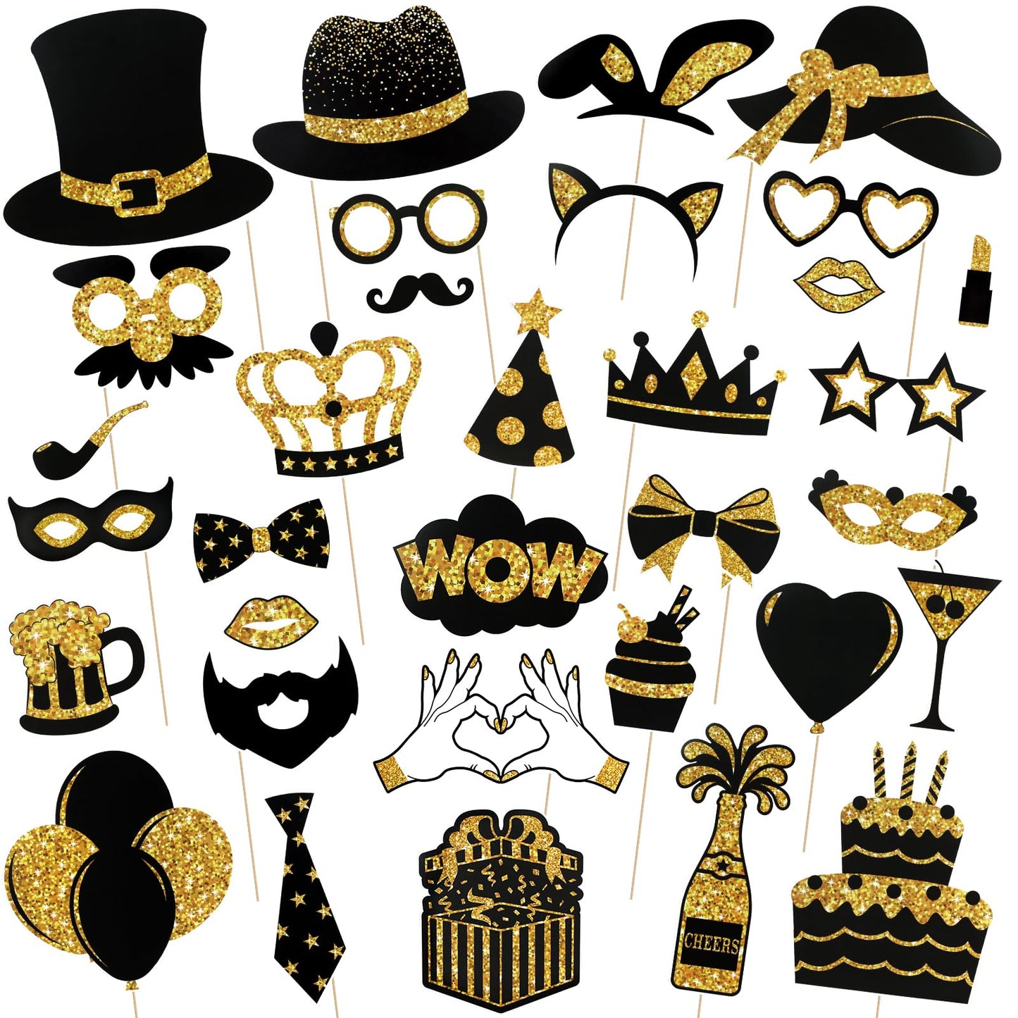 36PCS Black and Gold Photo Booth Prop, Birthday Party Photo Booth Props for Photoshoot Birthday Party Photobooth New Year Graduation Anniversary Party Supplies Black and Gold Graduation Decorations