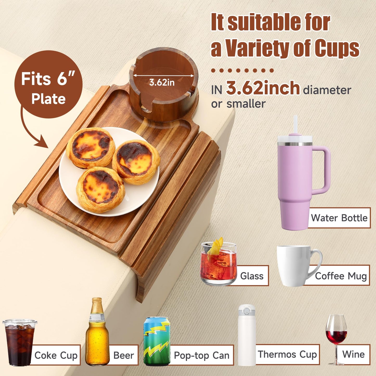 SINWANT Couch Cup Holder Tray,Acacia Wood Sofa Arm Clip on Tray Table with 360° Rotation Cup Holder,Foldable Anti-Slip Couch Armrest Table for Coffee Mug,Water Bottles,Snacks,Remote on Large Armrest