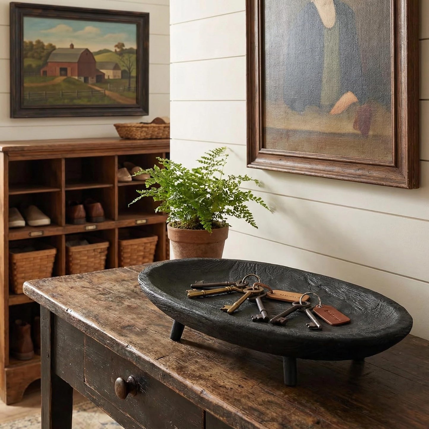 Wooden Tray with Key Bowl， 17.7 Inch Oval Decorative Tray for Coffee Table & Entryway， Black & Dark Brown Decorative Bowl (Black)