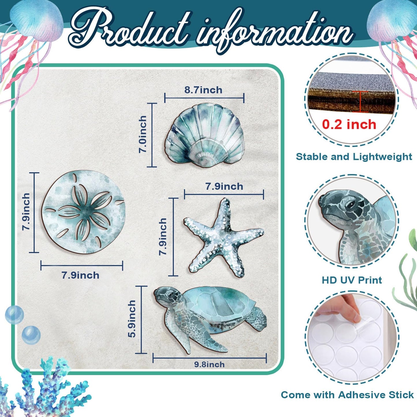 VGICH 4Pcs Wooden Beach Wall Art Coastal Hanging Decor with Turtle, Starfish, Crab, Shell for Nautical Living Room, Bathroom, Bedroom
