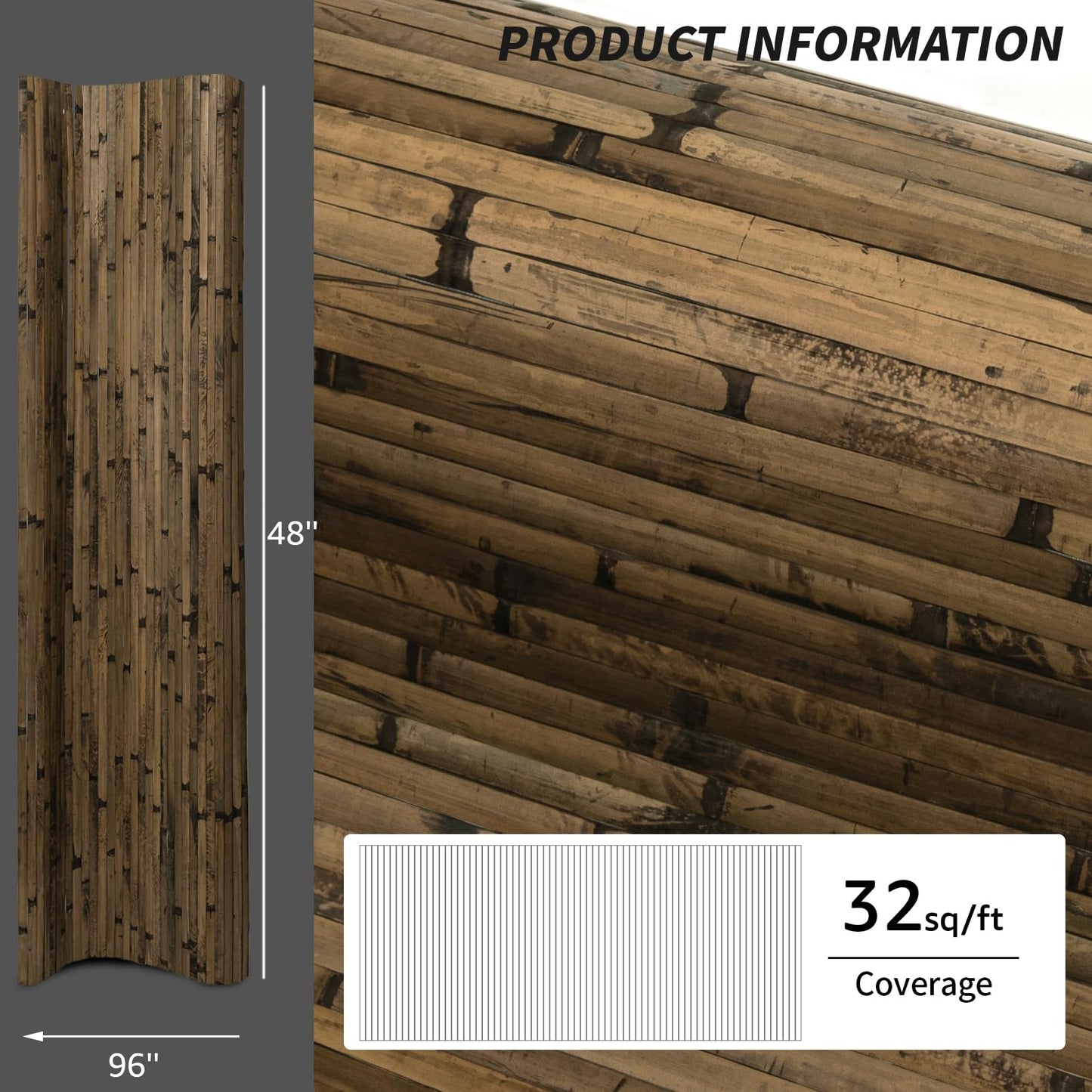 Art3d Natural Bamboo Wall Panel for Interior Wall Decor, Renewable Pole Wrap Wainscoting Paneling for Wall Ceiling Furniture Cabinet Office, 48 x 96 Inch - Dark Burned