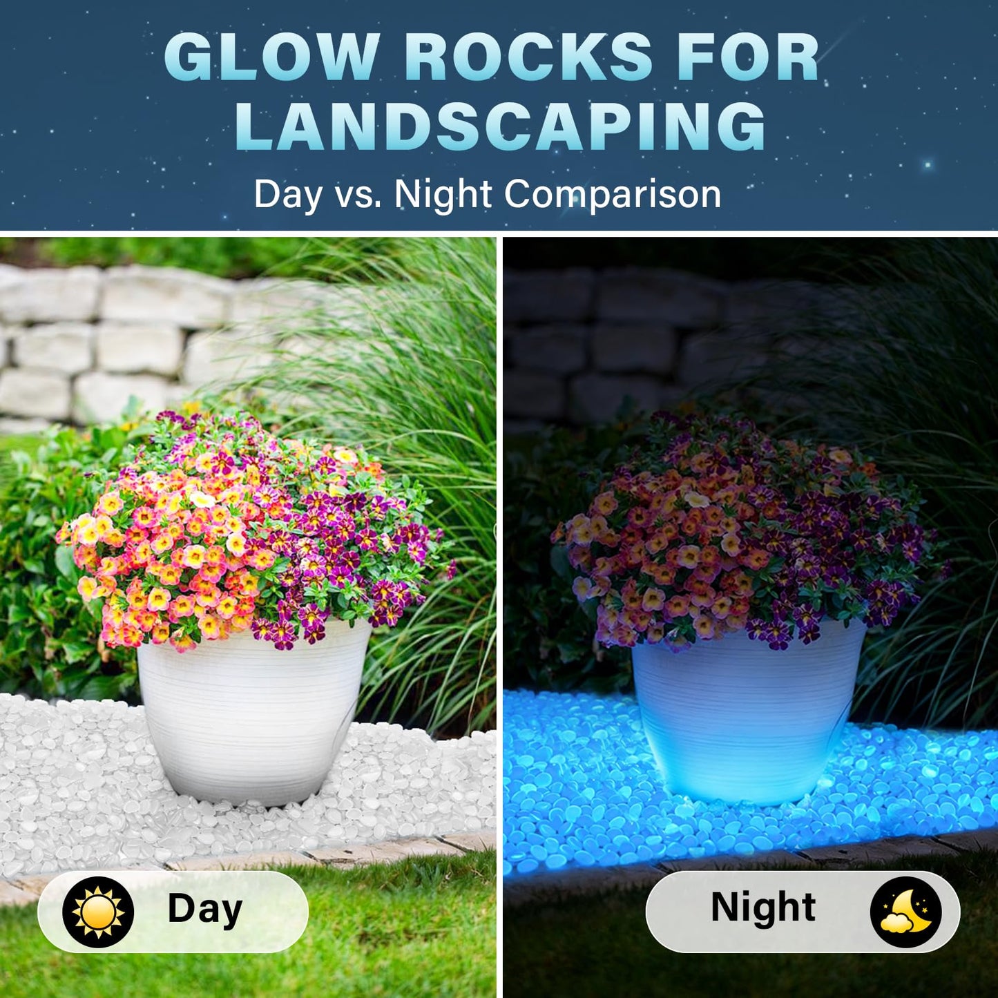 PoYang 1000pcs Glow in The Dark Rocks Outdoor - White Resin Glowing Pebbles for Landscaping, Garden, Fish Tank and Aquarium Indoor Decor, Powered by Sunlight or Lamplight (0.4"-0.7"/pc, 1.2lbs/Bag)