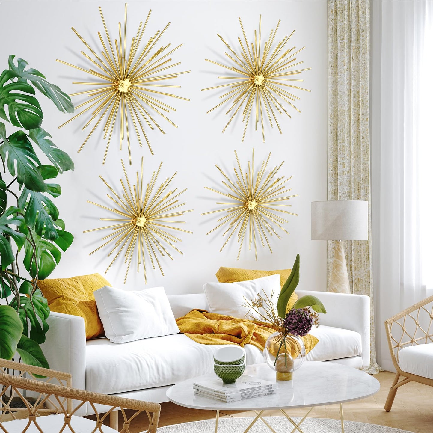 Shimeyao 4 Pcs Metal Starburst Wall Decor Gold Metal Wall Art 3D Spike Bling Finish Star Burst Hangings Accents Sculptures Set Modern Mid Century Decorations for Living Room Bedroom Entryway