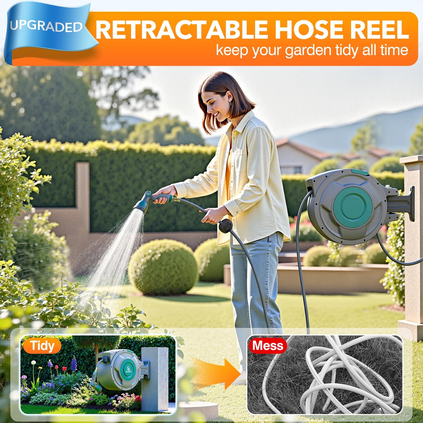 GILBEST 5/8" x 100 ft Retractable Garden Hose Reel, Heavy Duty Water Hose Reel Wall Mounted, Any Length Lock, 180°Swivel, Retractable Hose with 10-Function Nozzle for Cleaning, Watering (Green)