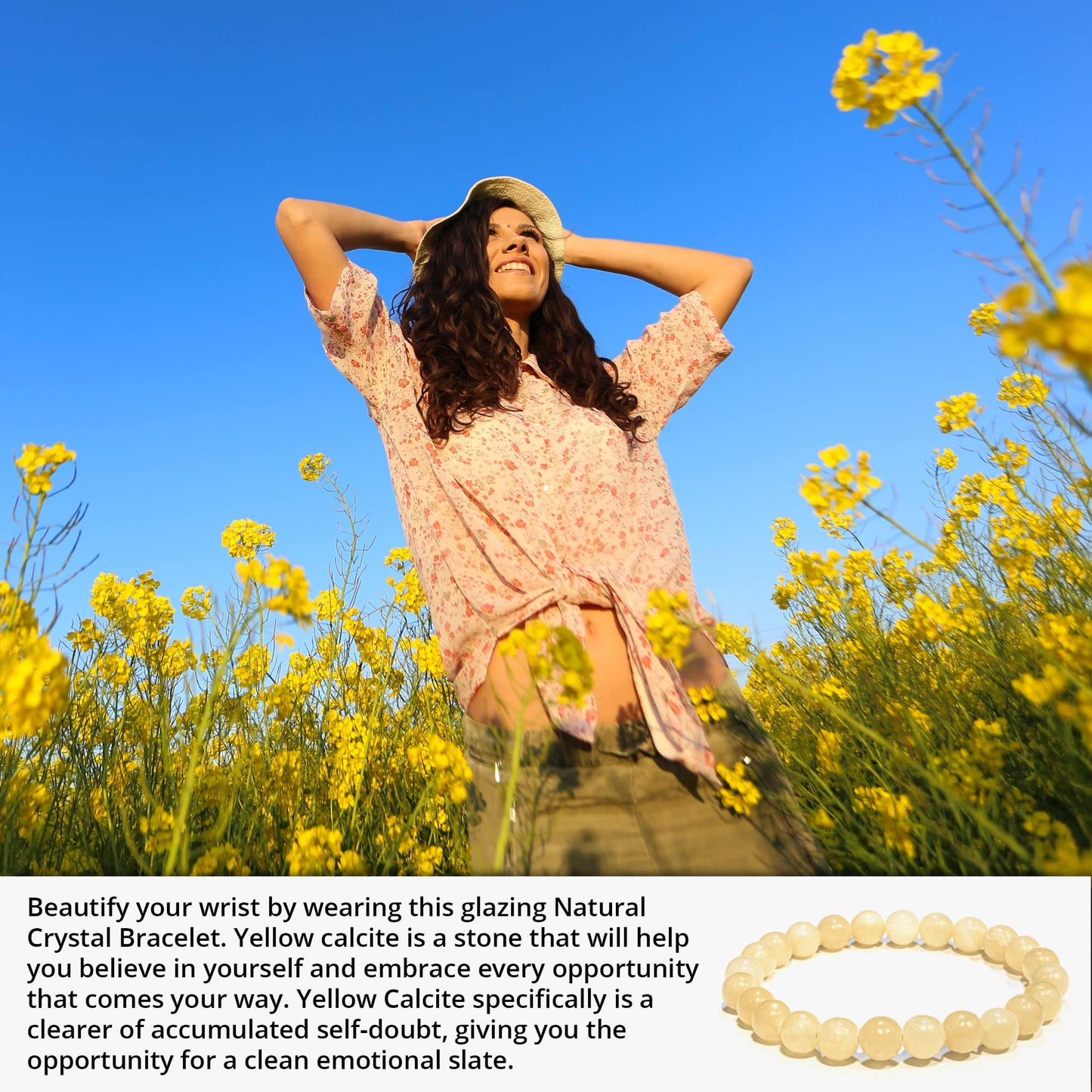 ANAYA AGATE Yellow Calcite Bracelet – Healing Crystal Bracelet for Women and Men – 8mm Round Beaded Bracelet for Protection, Positive Energy – Elastic Adjustable Size Gemstone Bead Bracelet