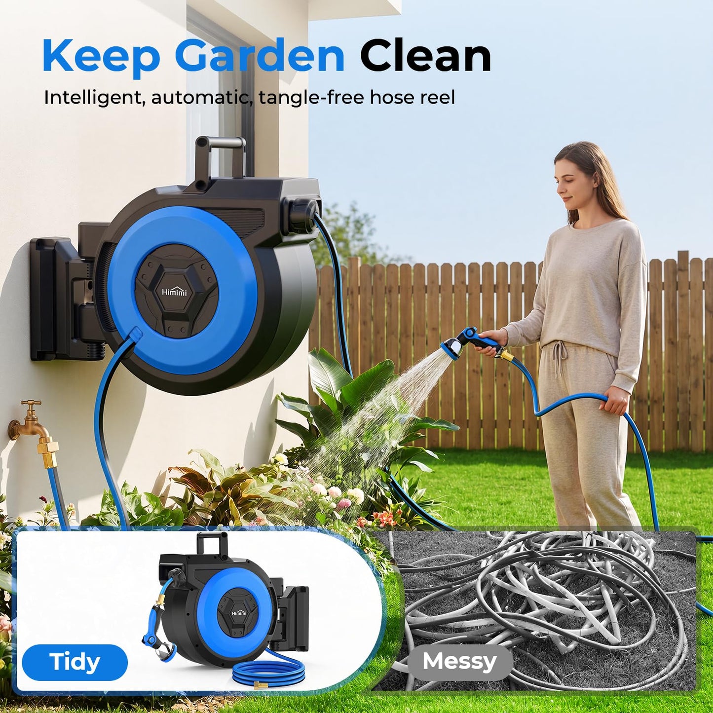 Retractable Garden Hose Reel, 5/8" x 90FT Automatic Retractable Water Hose Reel Wall Mount, with 10- Function Sprayer Nozzle, Any Length Lock/Auto Rewind/180°Swivel
