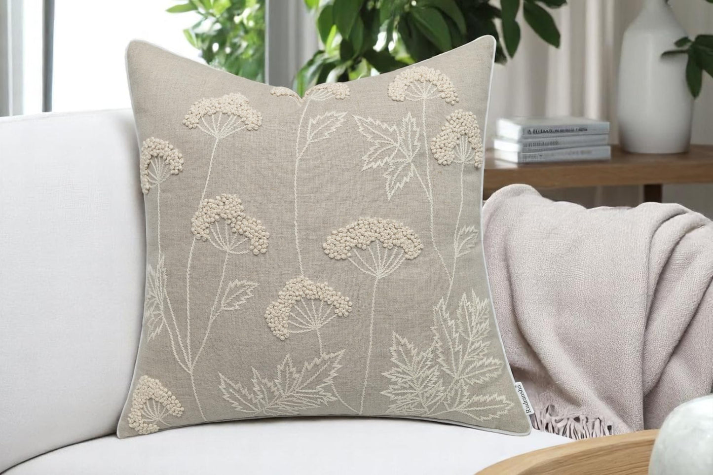 Rudransha Hand Embroidered Wildflower Throw Pillow Cover - 20x20 Inch Natural Linen - Blooming