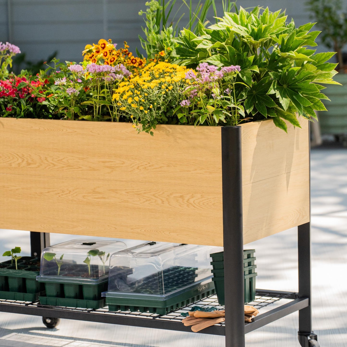 Rolling Elevated Garden Bed, 2' x 4' Metal Woodgrain Elevated Outdoor Planters Boxes with Legs & Storage Rack for Patio, 1000 lbs Weight Capacity, Raised Beds for Gardening Herb Flowers Vegetables