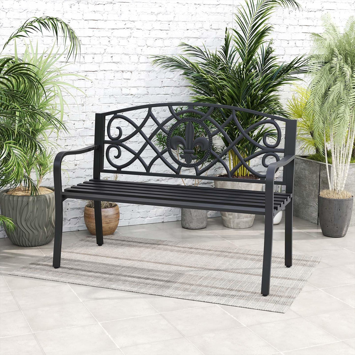 Giantex 50.5” Outdoor Bench with Metal Frame, Floral Design Cast Iron Backrest, Slatted Seat, Adjustable Foot Pads, Load 660Lbs, Garden Bench for Outside Patio Backyard Porch Park, Black