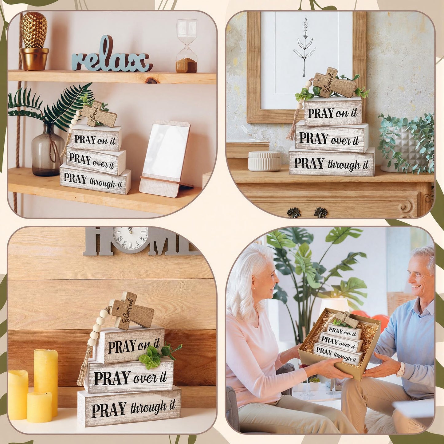Moucuny 4 Pcs Christian Table Decor Wooden Cross Wooden Bible Verse Sign Inspirational Religious Christian Centerpiece Pray Block Signs Farmhouse Table Decoration for Mother's Day