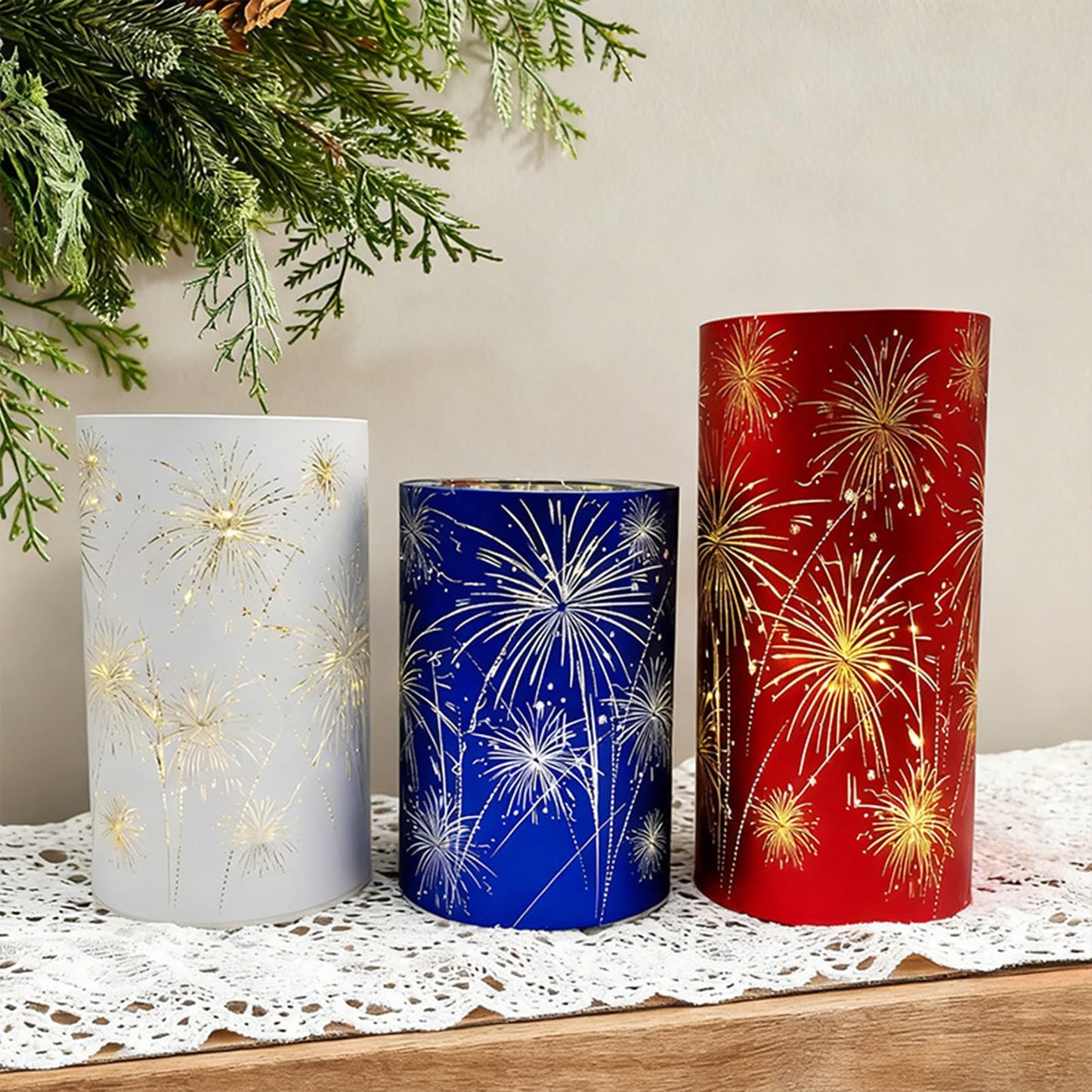 Set of 3 Celebration Hurricanes, Celebration Firework Lanterns - Premium Patriotic Red White Blue Trio, Etched Firework Starburst Lights, Twinkling Table Centerpieces for Wedding & Holiday Décor (A)