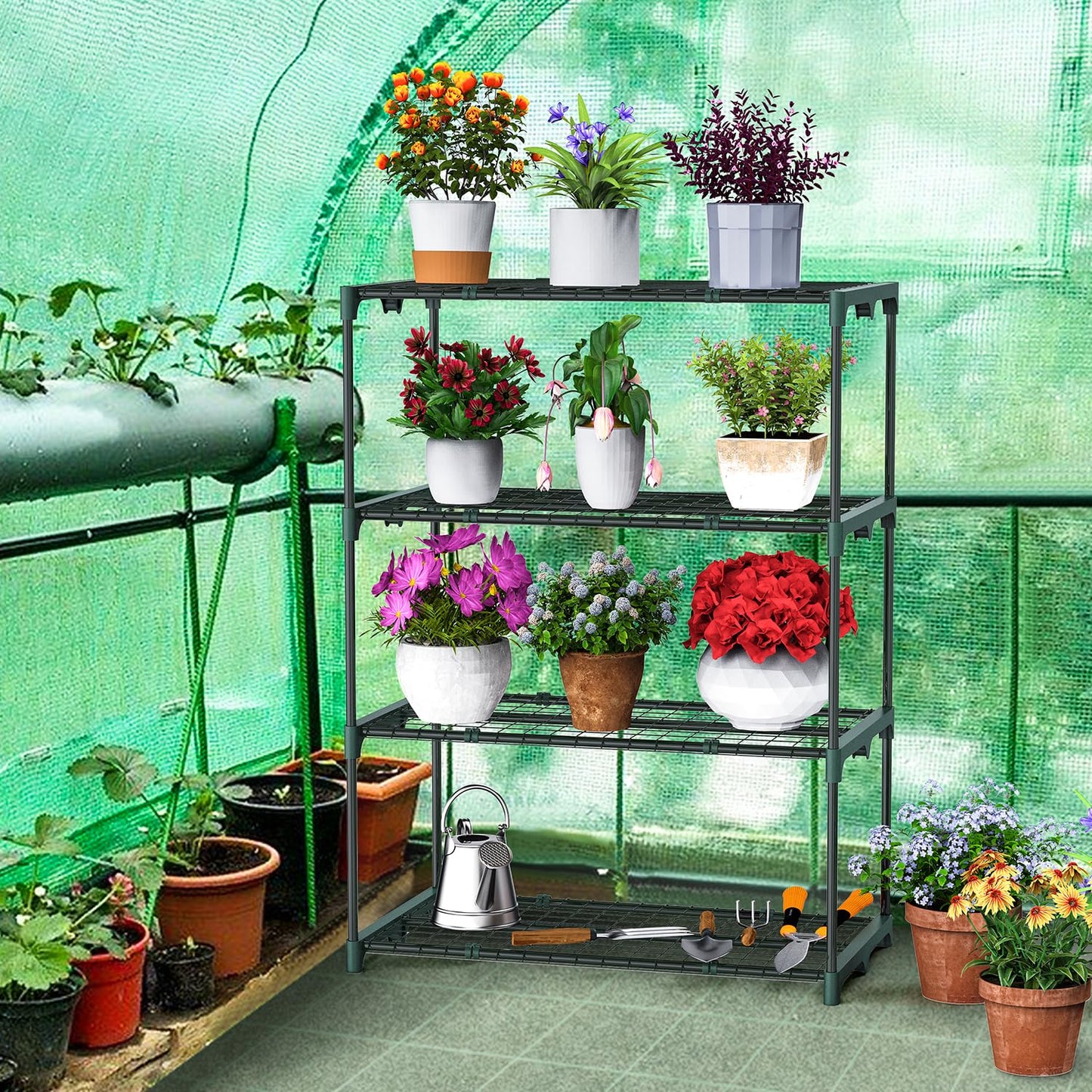Ohuhu Plant Greenhouse Shelves 4 Tier 2 Pack Extra-Wide Stable Green House Shelving for Outdoor, 31x18x42 Inch Portable Rustproof Metal Shelf Plant Stand Rack Greenhouse Accessories