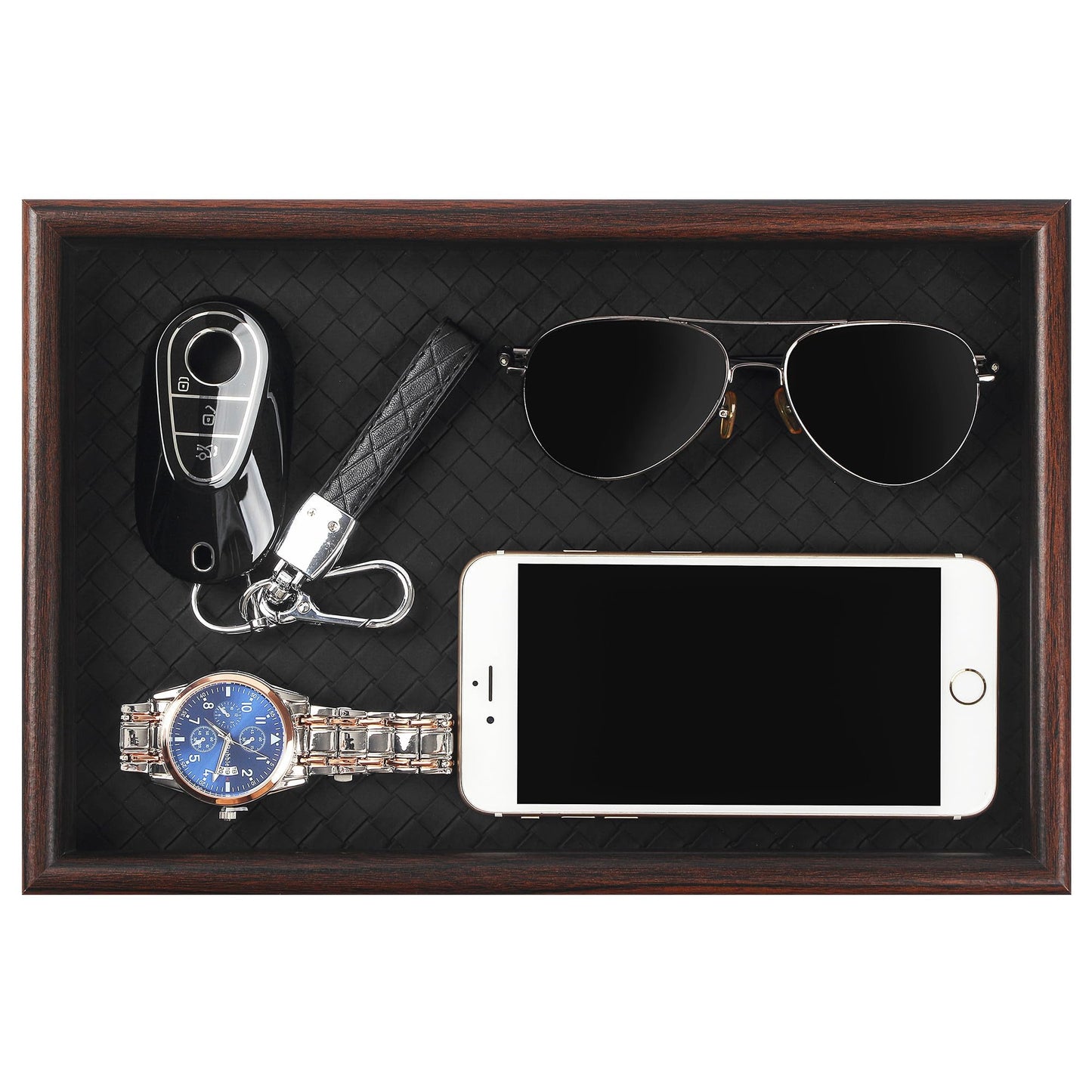 Zosenley Wooden Valet Tray with Leather Base - Nightstand Catchall Organizer for Cologne, Perfume, Keys, Wallet, Phone, Watch, Jewelry & Sunglasses (Black)