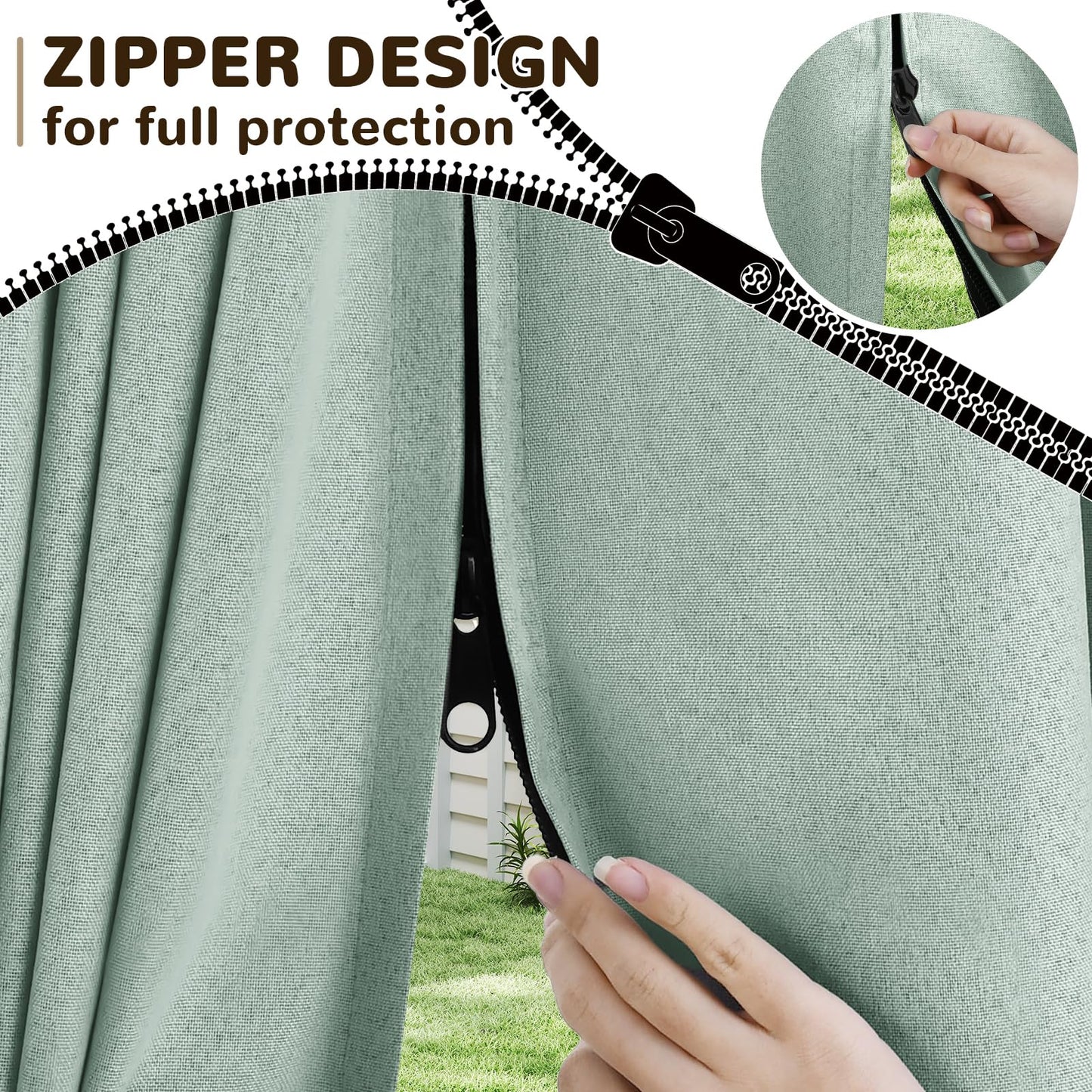 Arfntevss Linen Outdoor Curtains for Patio Waterproof with Zipper Blackout Curtains 2 Panels Top & Bottom Grommet Patio Outdoor Privacy Drape 84 Inch for Gazebo Porch Pergola (110x84, Light Green)