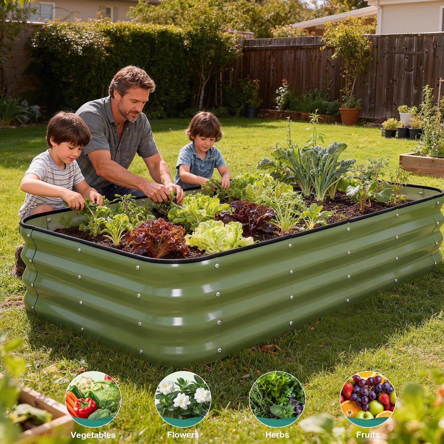 BIRDSINYARD 4 in 1Galvanized Raised Garden Bed - 5x3x1ft Modular Garden Planter Bed Outdoor | Steel Raised Bed Kit with Bracing Rods, Gloves for Gardening Vegetables Fruits and Flowers (Green)