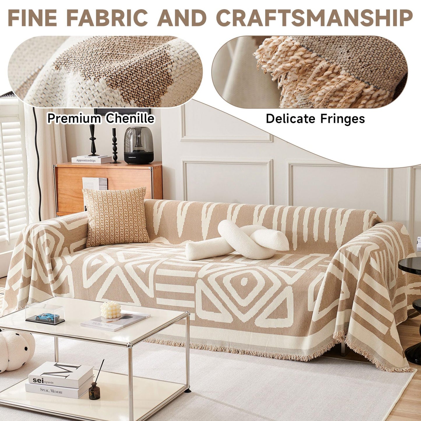 VClife Boho Couch Covers for Sofa Aztec Geometric Patterned Couch Slipcover for Dog, Non Slip Washable Sectional Sofa Cover for 2 Cushion Couch Heavy Duty Furniture Slip Covers, Beige, 71''x118''