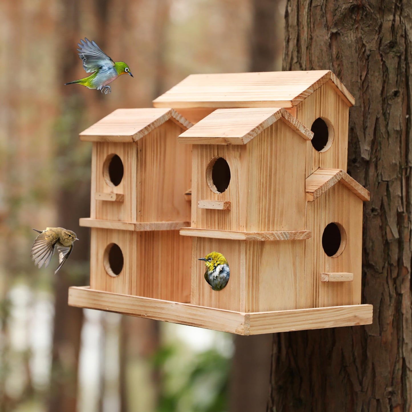Bird Houses for Outside, 9 Room Wooden Bird House with Feeder, Large Hanging Birdhouse for Garden Backyard, Multi Hole Birdhouse for Small Birds, Outdoor Decorative Bird House for Finch Wren Chickadee