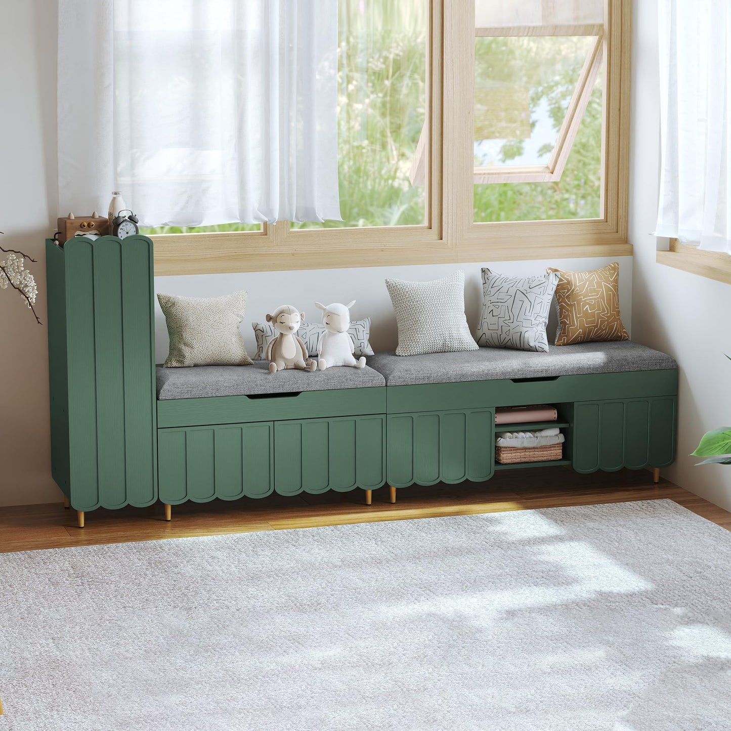 3More 40" Entryway Shoe Storage Bench,Upholstered Hidden Space Beneath Seat Cushion Bench,2-Tier Unique Geometric Shape with Wood Grain,Green