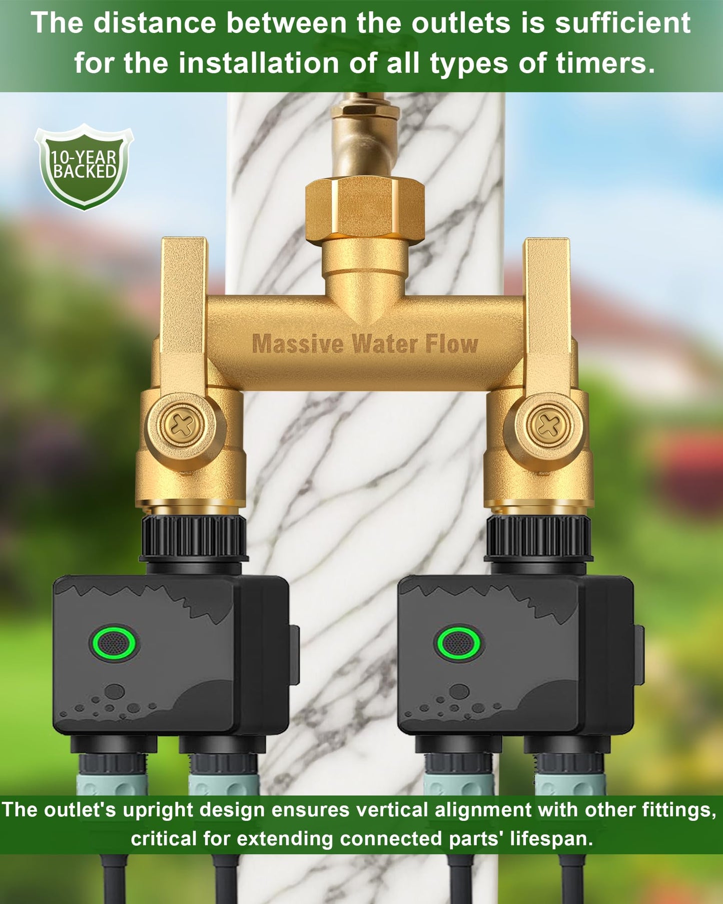 Hose Splitter 2 Way Heavy Duty, Solid Brass Full Flow Outdoor Faucet and Garden Hose Splitters, Water Spigot Splitter T Adapter, All Metal Water Connector with Shut-Off Valve, 3/4 - Inch GHT Thread