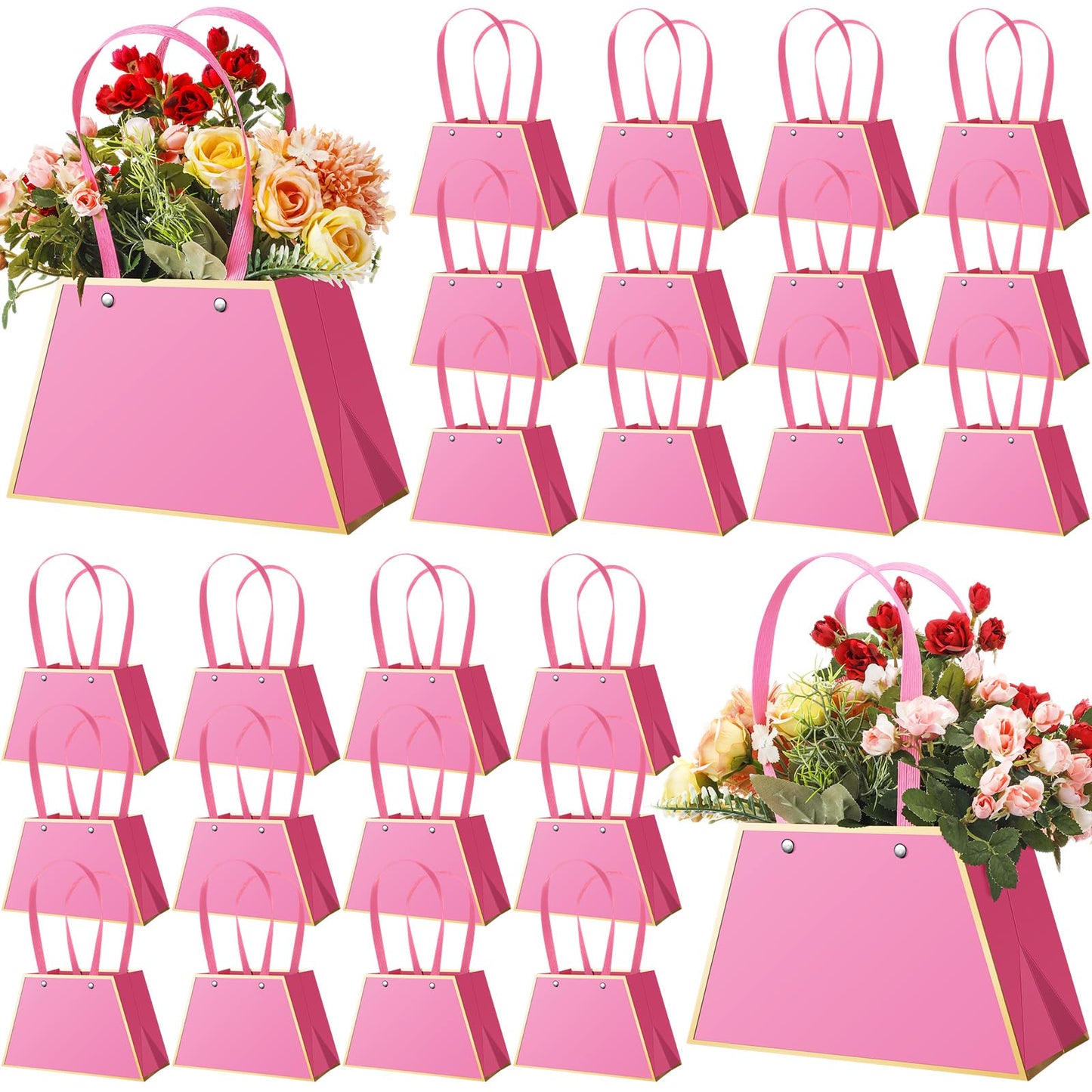 Noveread 24 Pcs Mother's Day Floral Gift Bags Bulk Portable Flower Bouquet Wrapping Paper Bag with Handle Waterproof Florist Wrap Centerpiece Box for Women Anniversary Wedding Birthday(Hot Pink)