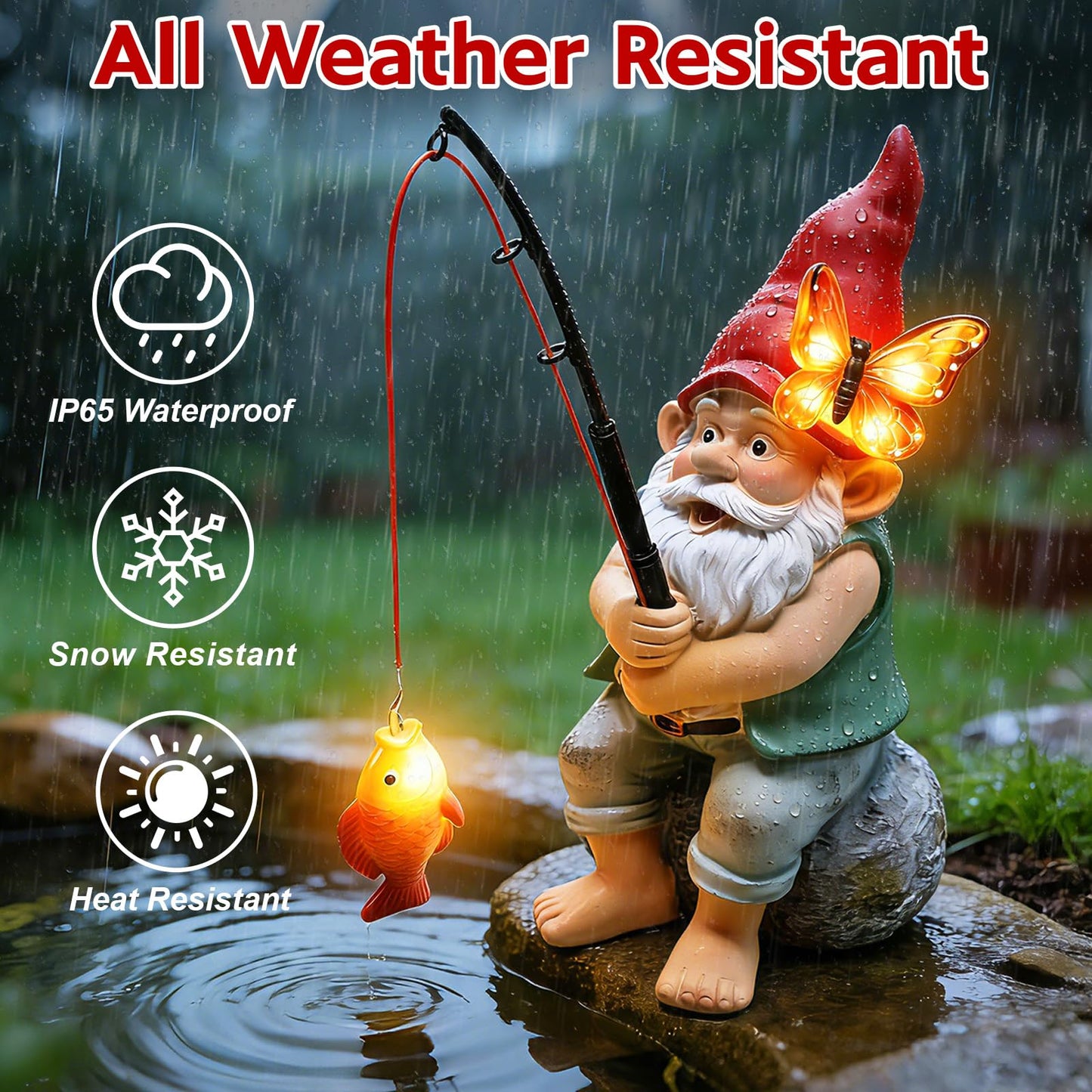 Solar Garden Gnome Statues, Outdoor Fishing Gnome with Butterfly Solar Lights Waterproof, Birthday Gifts for Mom Women Mother's Day, Garden Figurines for Yard Decor Patio Porch Lawn Ornaments