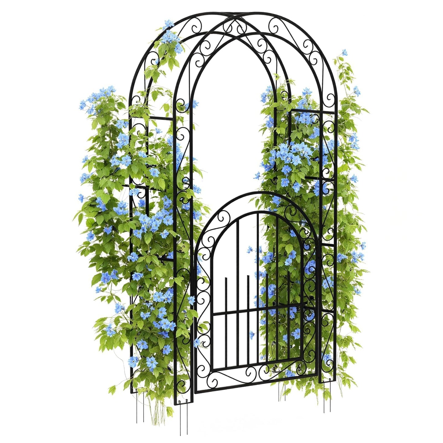 GarveeLife 7 FT Elegant Garden Arch with Gate - Romantic Steel Wedding Arbor for Climbing Roses & Vines, Decorative Metal Archway for Lawn, Patio or Backyard, Classic Black