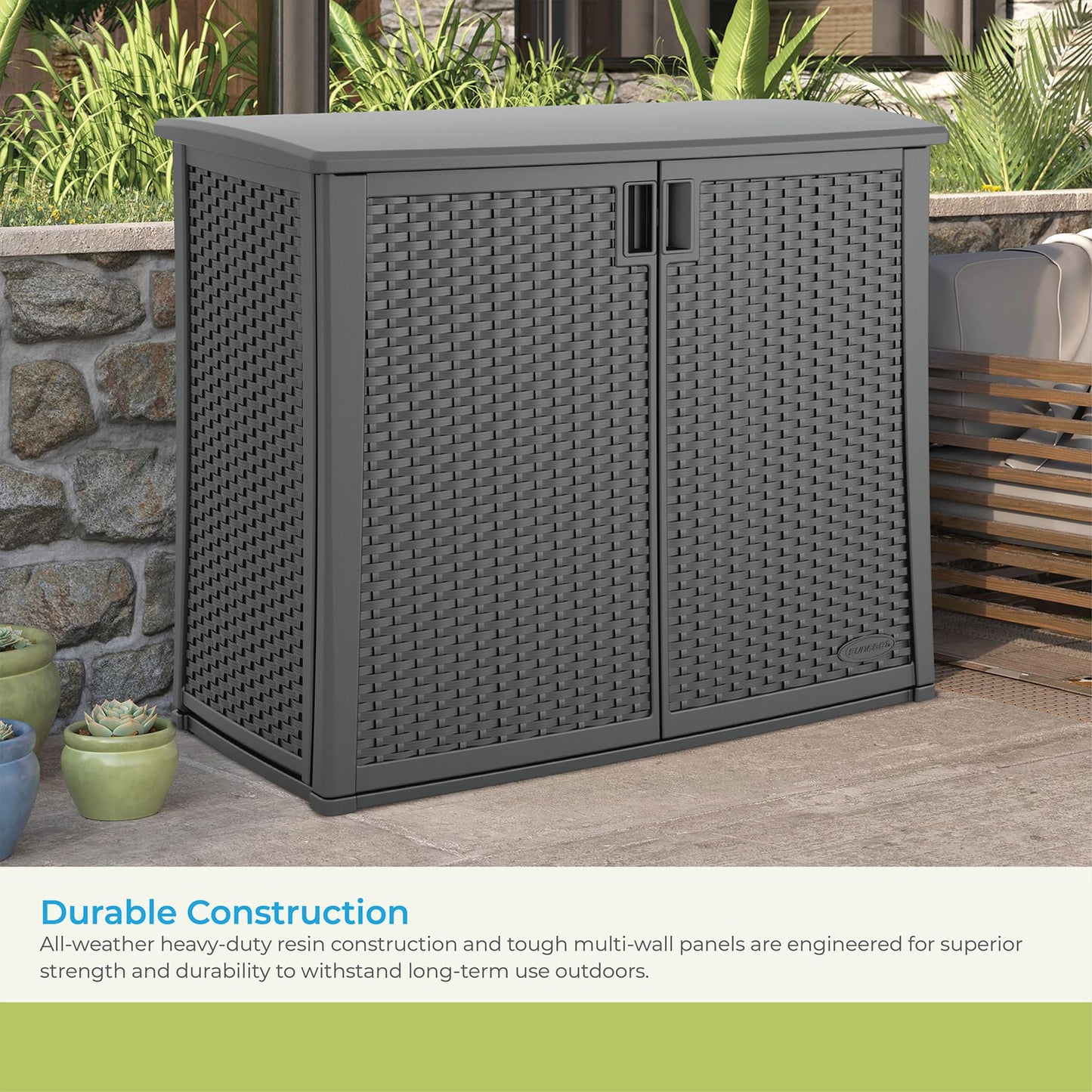 Suncast Resin Outdoor Storage Cabinet, Cool Gray Wicker Resin Outdoor Cabinet, Weatherproof, Lockable Outside Storage for Patio, Deck, Balcony, Porch, Backyard, or Garden, Made in the USA