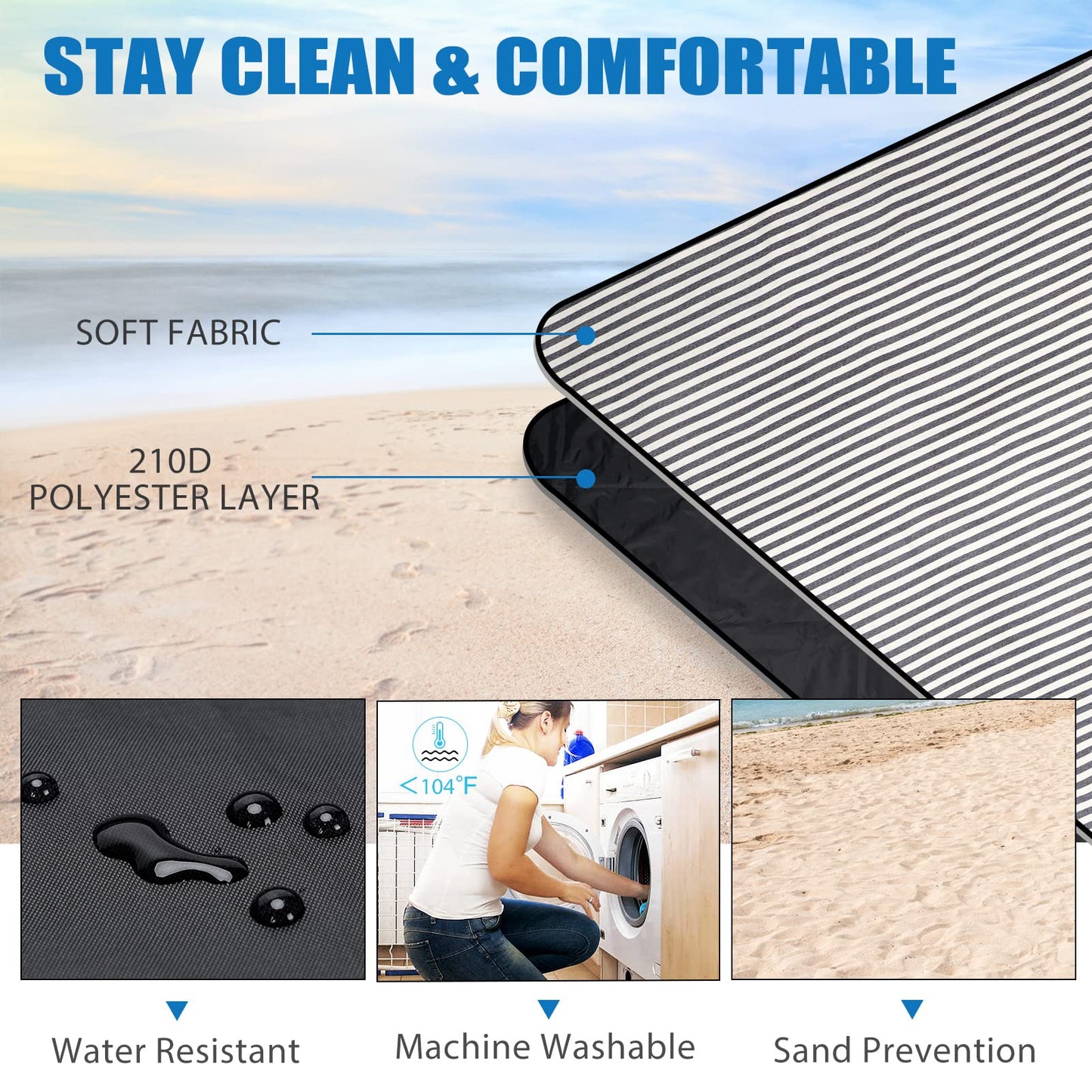 G GOOD GAIN Waterproof Picnic Blanket Portable with Carry Strap for Beach Mat or Family Outdoor Camping Party (Navy Blue)