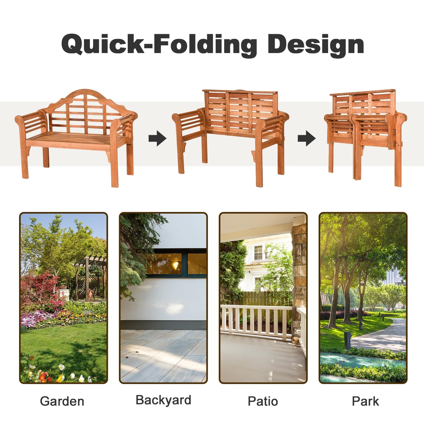 Giantex Outdoor Wood Bench, 4 Ft Foldable Eucalyptus Garden Bench, Two Person Loveseat Chair Solid with Curved Backrest and Armrest Ideal for Patio, Porch or Balcony (Teak)