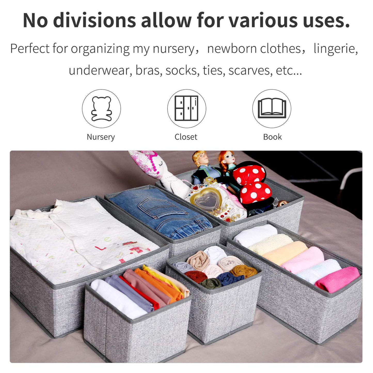 Criusia Foldable Underwear Drawer Organizer, Closet Dividers, Storage Box for Clothes, Socks (6 Bins, Gray)